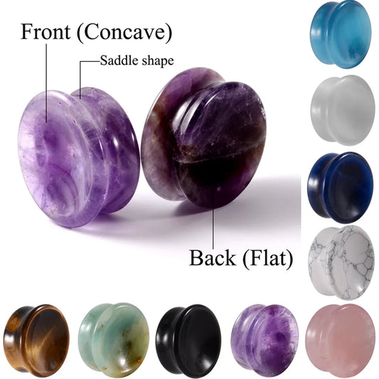 1 Pair New Design Amethyst Tiger Cat Eye Howlite Crystal Stone Concave Ear Plug Double Flare Solid Gauge Piercing Jewelry