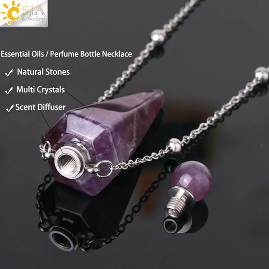 Natural Stone Perfume Bottle Necklace – Clear Quartz Crystal Pendant & Essential Oil Diffuser