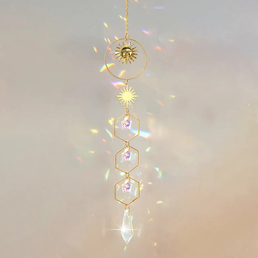 1 Piece Golden Sun Pentagram Crystal Chain Pendant – Room & Window Hanging Decoration