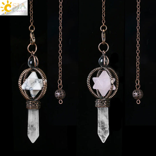 CSJA Esotericism Crystal Pendulum – Merkaba Clear Quartz Pendant for Dowsing & Divination