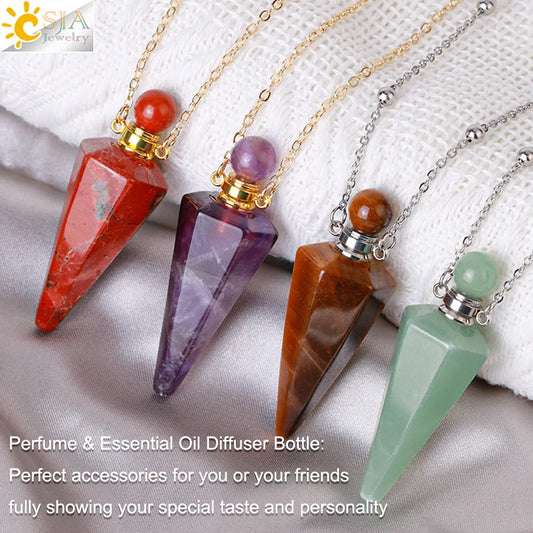 Natural Stone Cone Perfume Bottle Necklace – Clear Quartz Crystal Pendant &amp; Essential Oil Diffuser