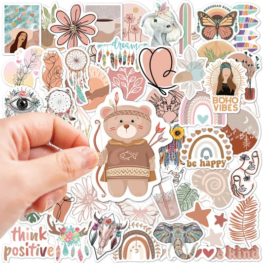 10/30/50pcs Cute Bohemian Art Style Stickers – Boho Aesthetic Decals for Phone, Water Bottle & Notebook Decoration