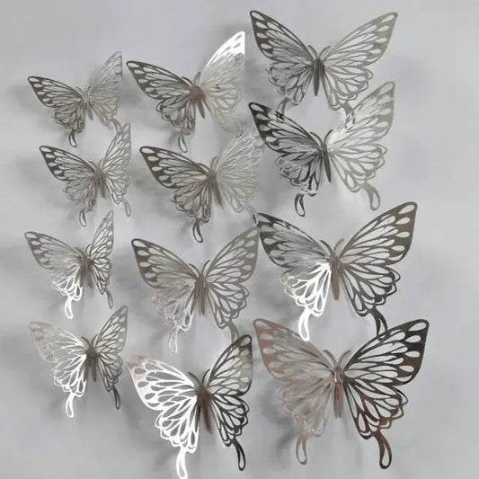 12Pcs 3D Hollow Silver Butterfly Stickers – Elegant Wall & Party Decor for Home, Balloons, and Events