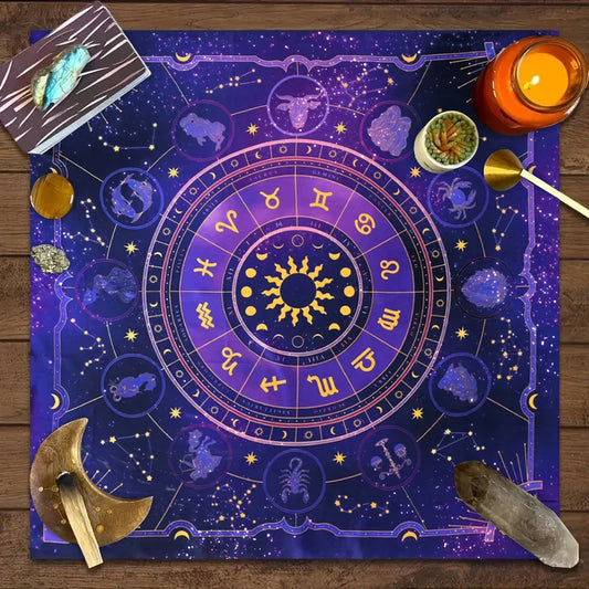 12 Zodiac Tarot Card Tablecloth – Astrology Altar Cloth for Divination & Board Games